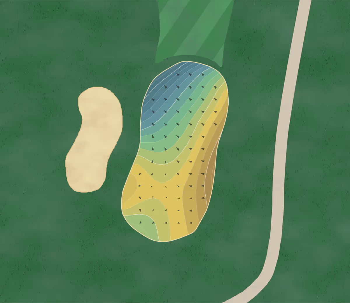 Green contour map of Highland Green in Topsham, Maine — 122 elevation contours at a 3-inch interval with fall-line arrows, traced from 1-meter lidar
