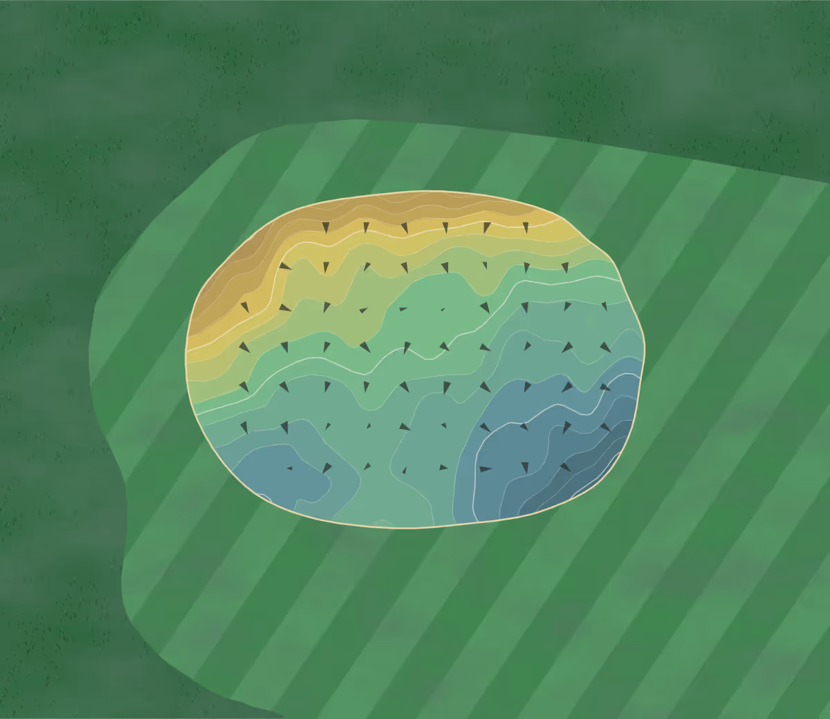 Green contour map of Highland Greens in Prospect, Connecticut — 121 elevation contours at a 3-inch interval with fall-line arrows, traced from 1-meter lidar