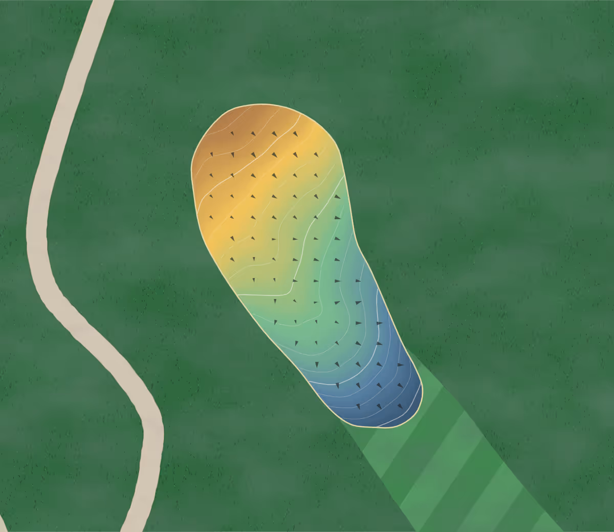 Green contour map of Highland Meadows in Sackets Harbor, New York — 139 elevation contours at a 3-inch interval with fall-line arrows, traced from 1-meter lidar