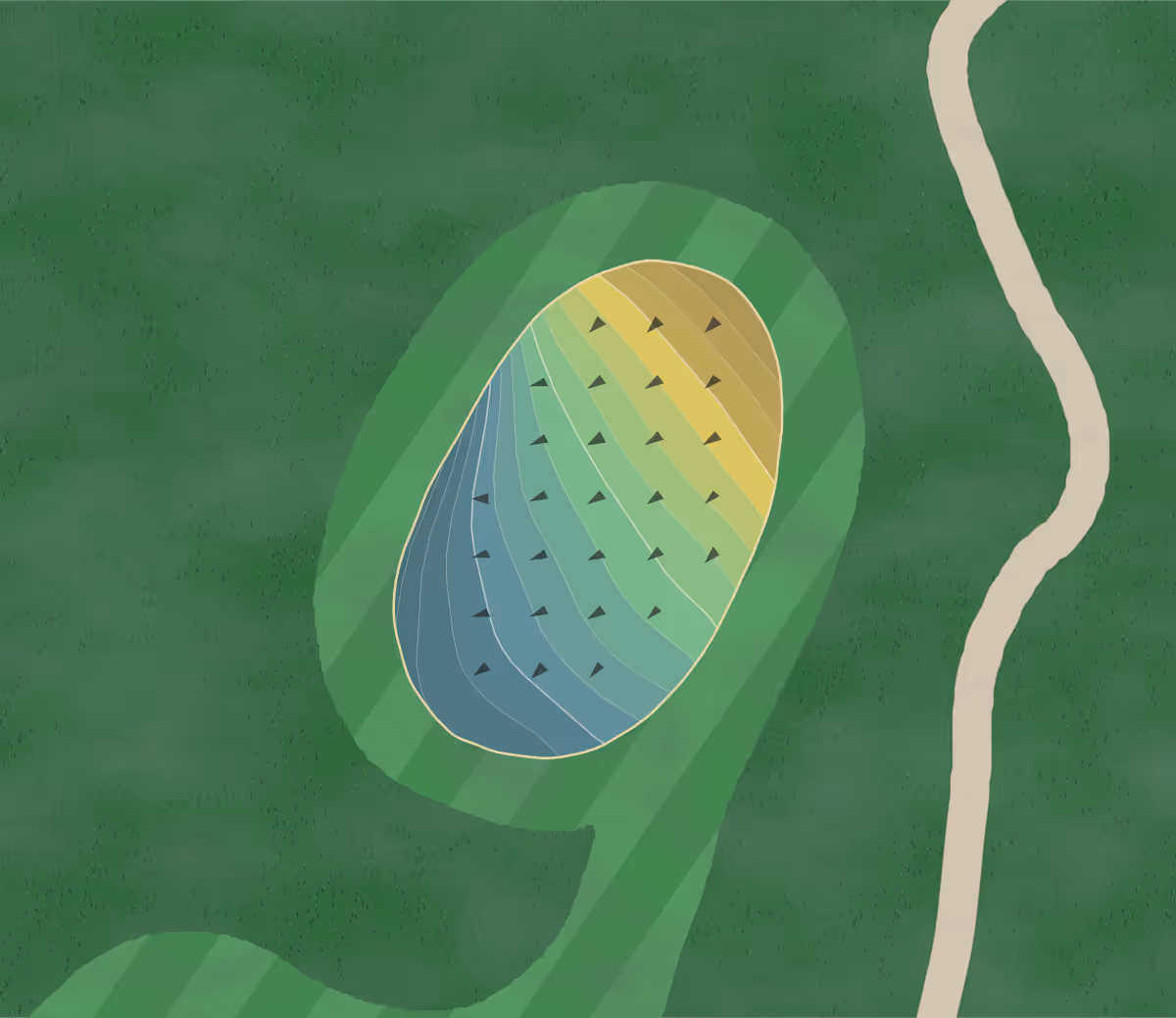 Green contour map of Highland Park in Bloomington, Illinois — 204 elevation contours at a 3-inch interval with fall-line arrows, traced from 1-meter lidar