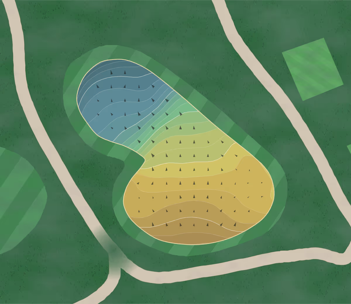 Green contour map of Highland Park in Birmingham, Alabama — 296 elevation contours at a 3-inch interval with fall-line arrows, traced from 1-meter lidar