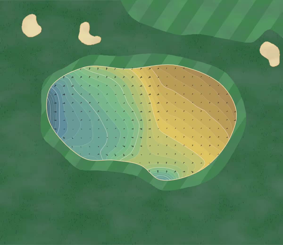 Green contour map of Highlander GC in East Wenatchee, Washington — 239 elevation contours at a 3-inch interval with fall-line arrows, traced from 1-meter lidar