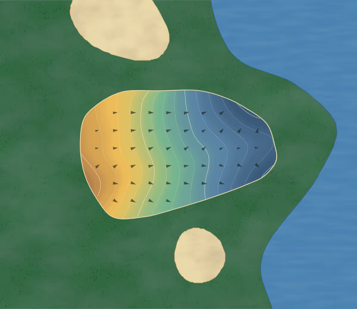 Green contour map of Highlands Golf Valley in Hidden Valley, Pennsylvania — 165 elevation contours at a 3-inch interval with fall-line arrows, traced from 1-meter lidar
