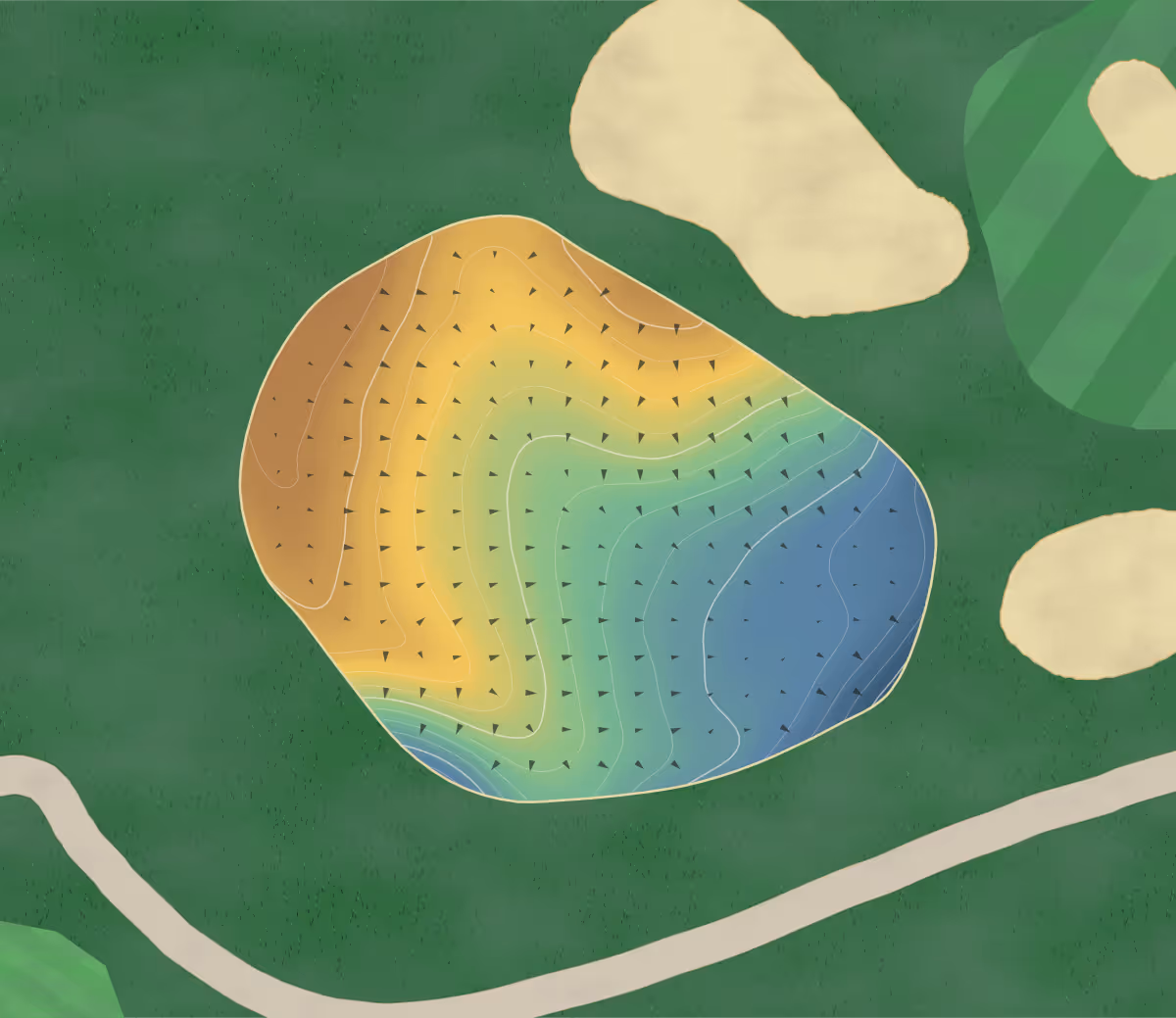 Green contour map of Highlands in Edmonton, Canada — 157 elevation contours at a 8-centimeter interval with fall-line arrows, traced from 1-meter lidar