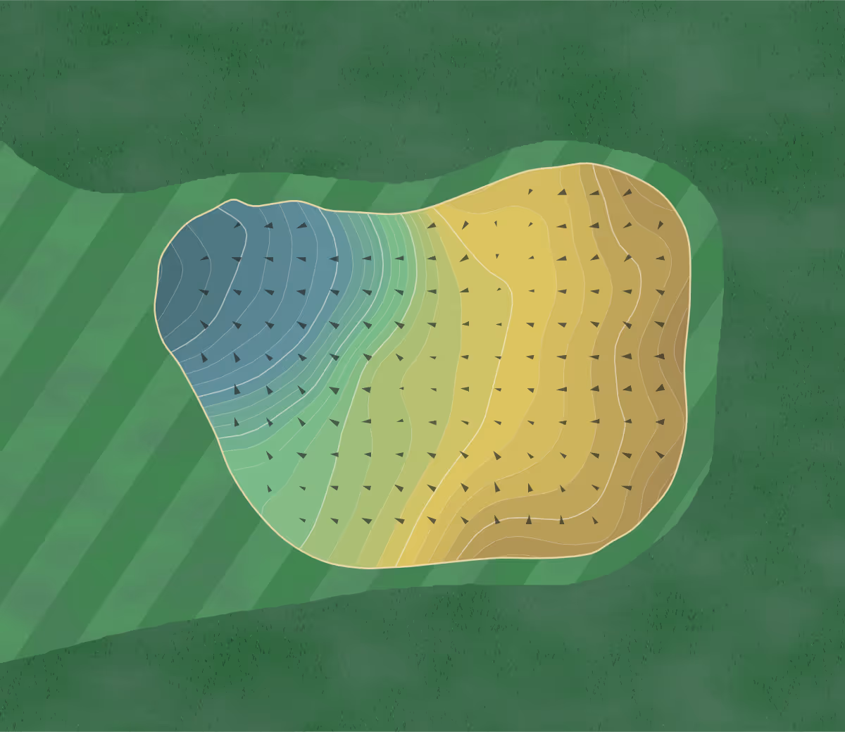 Green contour map of Highlands Golf in Lincoln, Nebraska — 281 elevation contours at a 3-inch interval with fall-line arrows, traced from 1-meter lidar