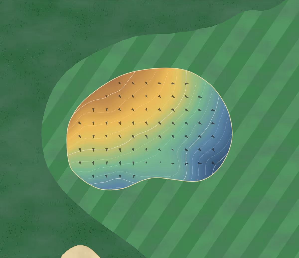 Green contour map of Highview in Powassan, Canada: 31 elevation contours at a 8-centimeter interval with fall-line arrows, traced from 1-meter lidar
