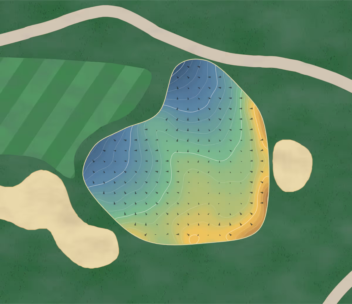 Green contour map of Highwood Golf in High River, Canada: 350 elevation contours at a 8-centimeter interval with fall-line arrows, traced from 1-meter lidar