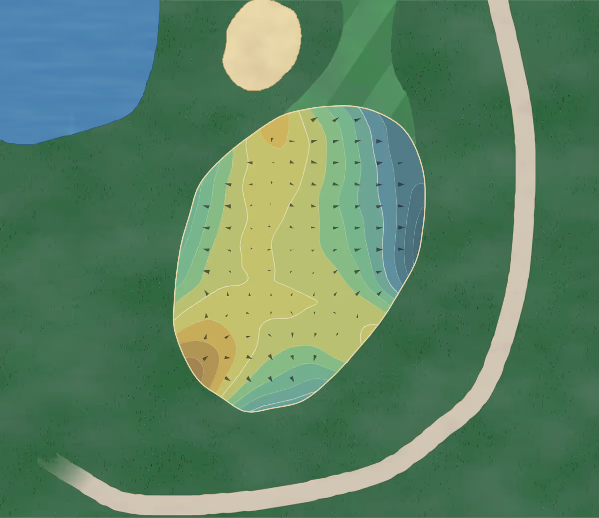 Green contour map of Hiland GC in Queensbury, New York — 203 elevation contours at a 3-inch interval with fall-line arrows, traced from 1-meter lidar