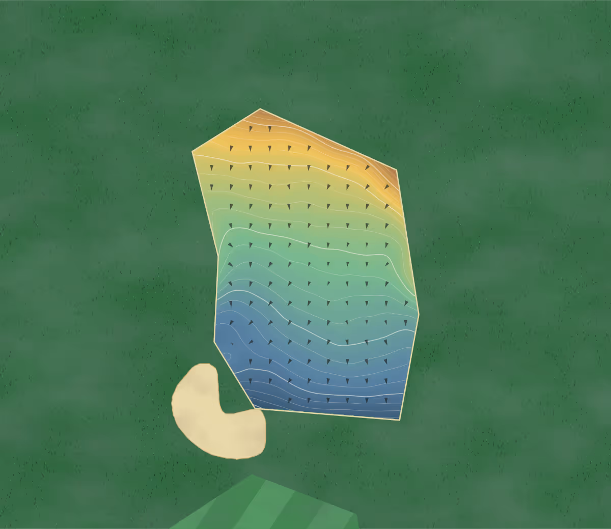 Green contour map of Hill Barn in Worthing, England: 179 elevation contours at a 8-centimeter interval with fall-line arrows, traced from 1-meter lidar