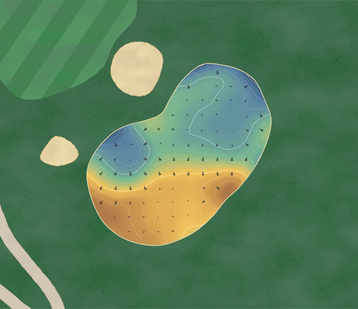 Green contour map of Hillandale in Durham, North Carolina — 220 elevation contours at a 3-inch interval with fall-line arrows, traced from 1-meter lidar