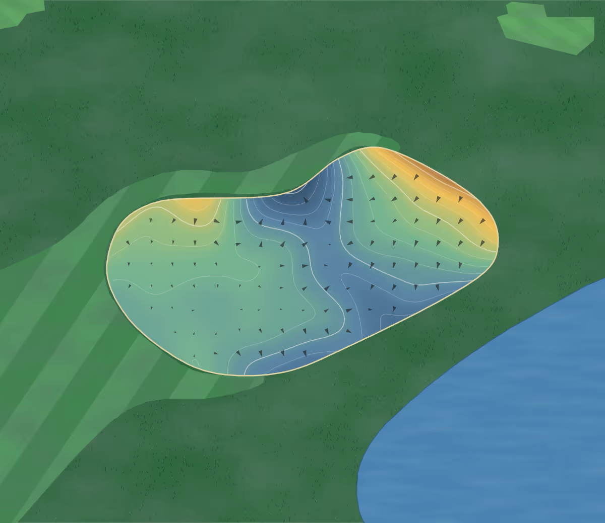 Green contour map of Hillcrest in Dallas, Iowa: 105 elevation contours at a 3-inch interval with fall-line arrows, traced from 1-meter lidar