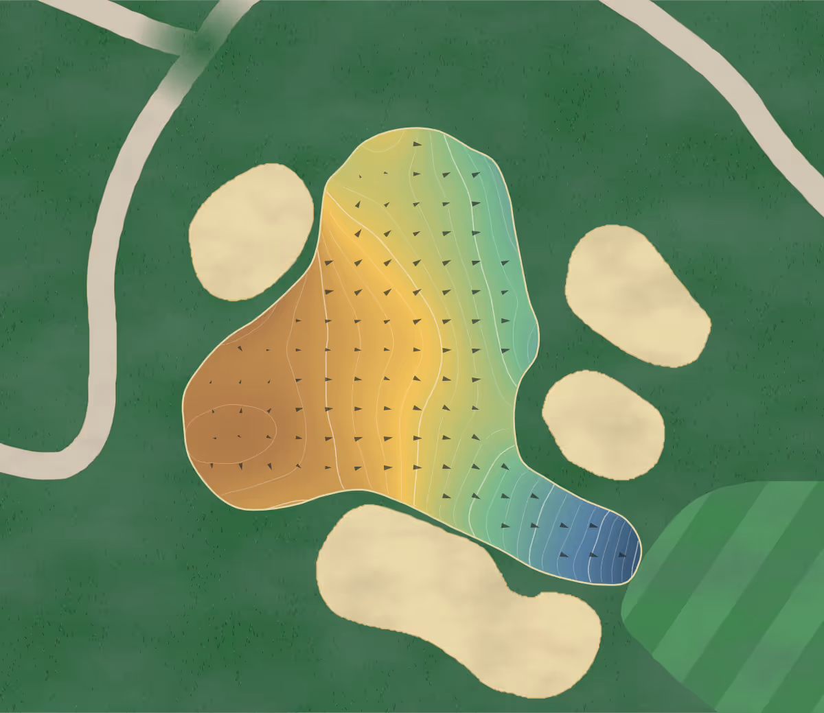 Green contour map of Hillcrest in Orangeburg, South Carolina — 214 elevation contours at a 3-inch interval with fall-line arrows, traced from 1-meter lidar