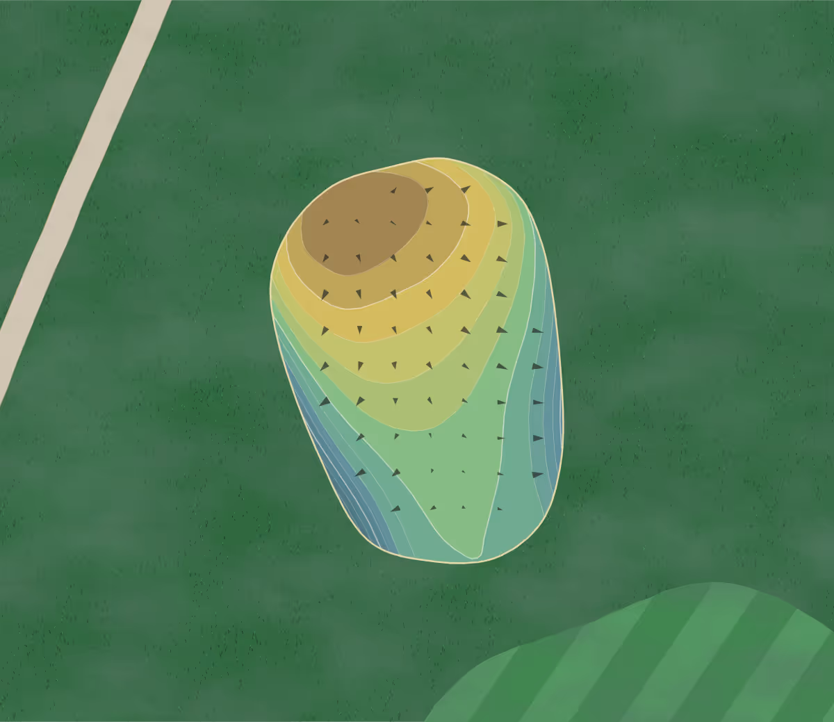 Green contour map of Hillcrest Golf in Owensboro, Kentucky — 92 elevation contours at a 3-inch interval with fall-line arrows, traced from 1-meter lidar