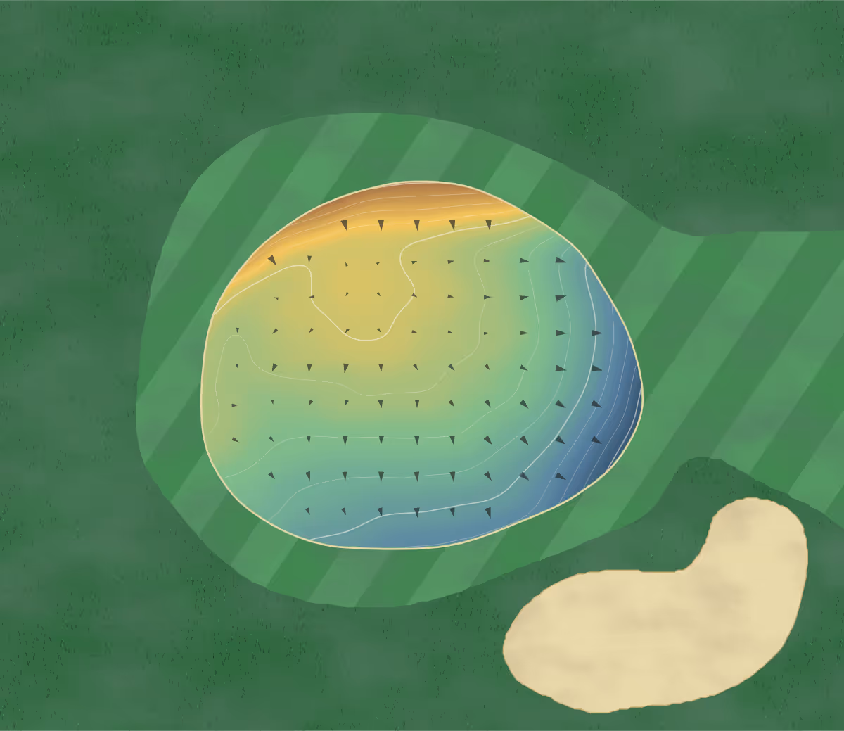 Green contour map of Hillcrest Municiple in North Dakota, United States — 180 elevation contours at a 3-inch interval with fall-line arrows, traced from 1-meter lidar