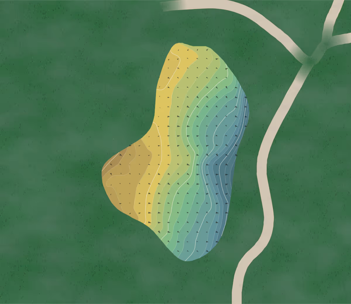 Green contour map of The Hills in Austin, Texas — 630 elevation contours at a 3-inch interval with fall-line arrows, traced from 1-meter lidar