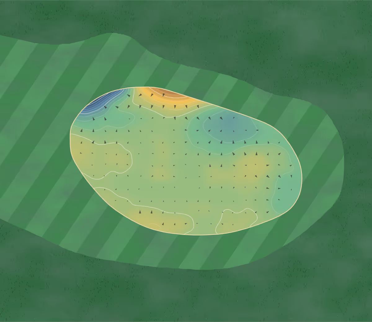 Green contour map of Hillside in Southport, United Kingdom — 180 elevation contours at a 8-centimeter interval with fall-line arrows, traced from 1-meter lidar