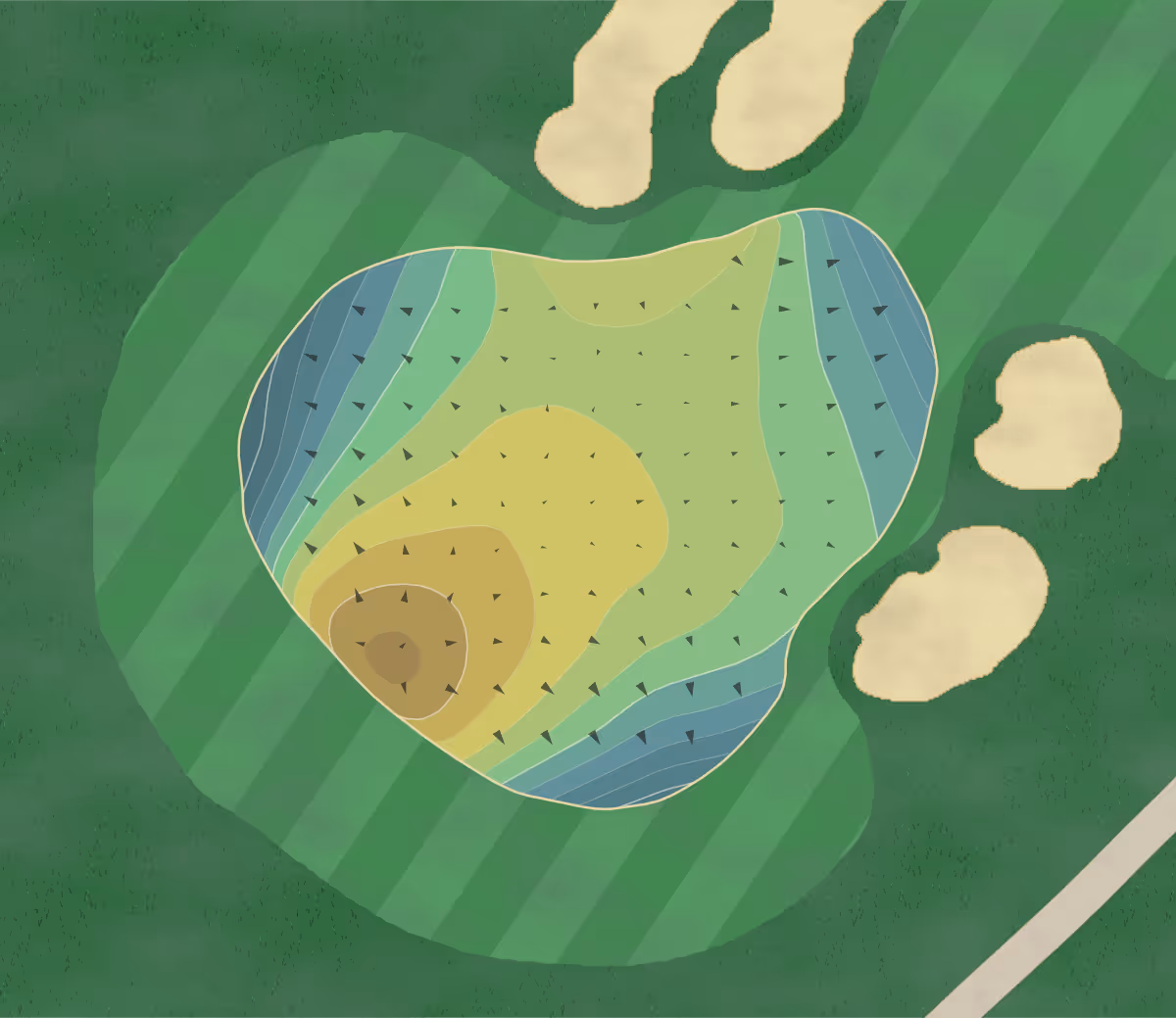 Green contour map of Hillwood CC in Nashville, Tennessee — 199 elevation contours at a 3-inch interval with fall-line arrows, traced from 1-meter lidar