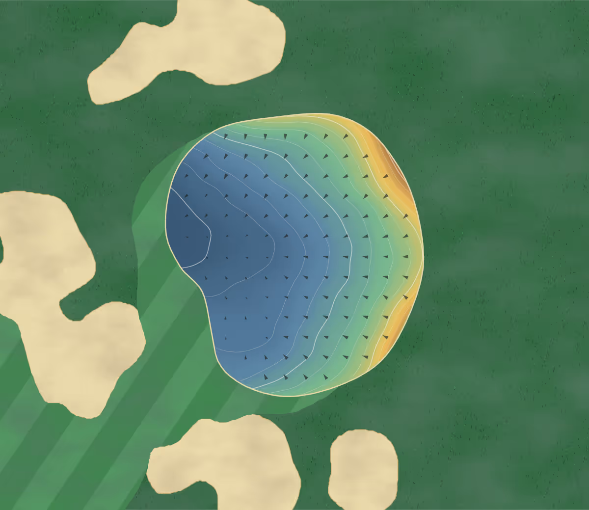 Green contour map of Hilton Puckrup Hall Hotel and Golf Club (1008514) in Tewkesbury, England — 88 elevation contours at a 8-centimeter interval with fall-line arrows, traced from 1-meter lidar