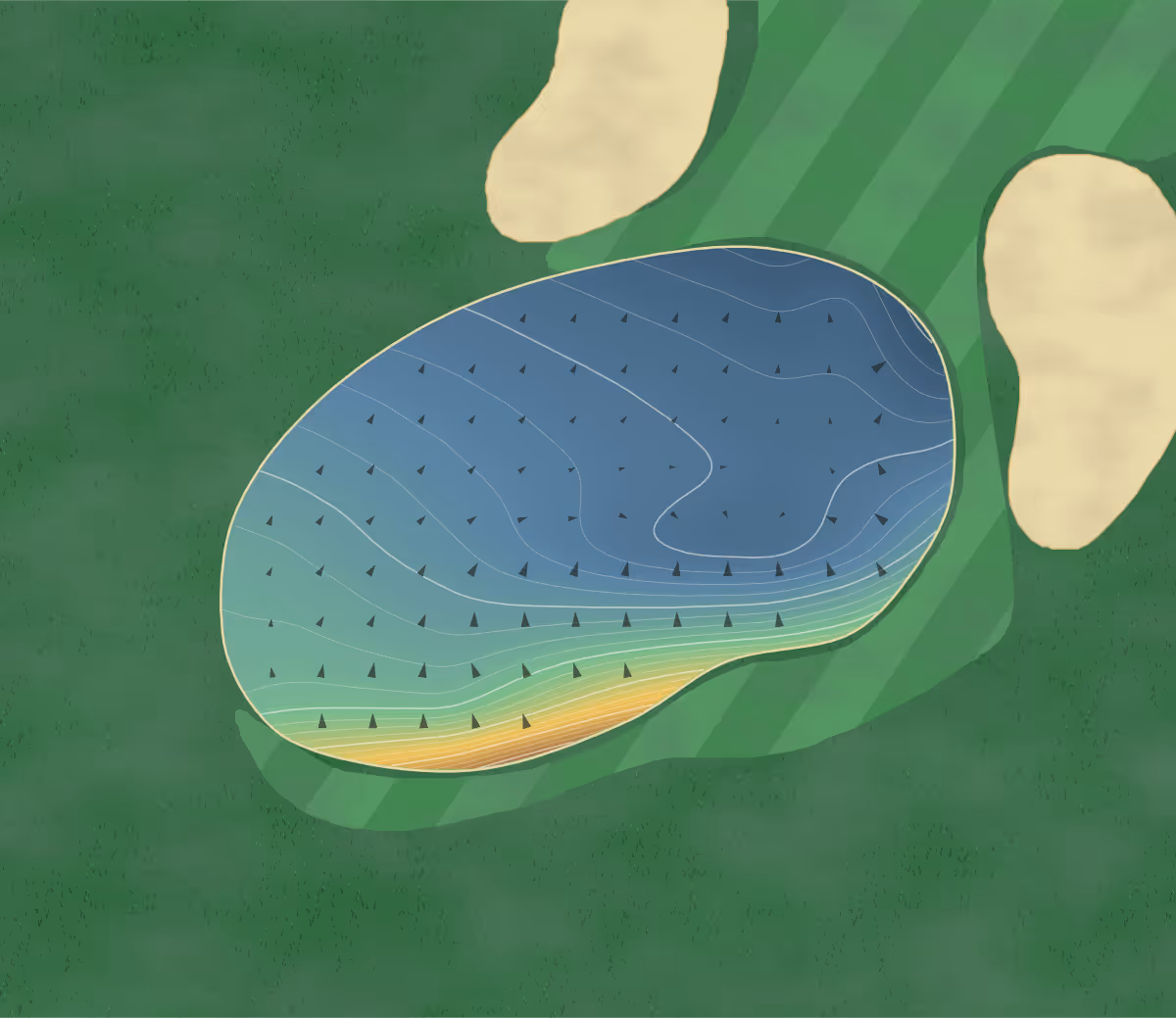 Green contour map of Hirao in Kikugawa, Japan: 420 elevation contours at a 8-centimeter interval with fall-line arrows, traced from 1-meter lidar