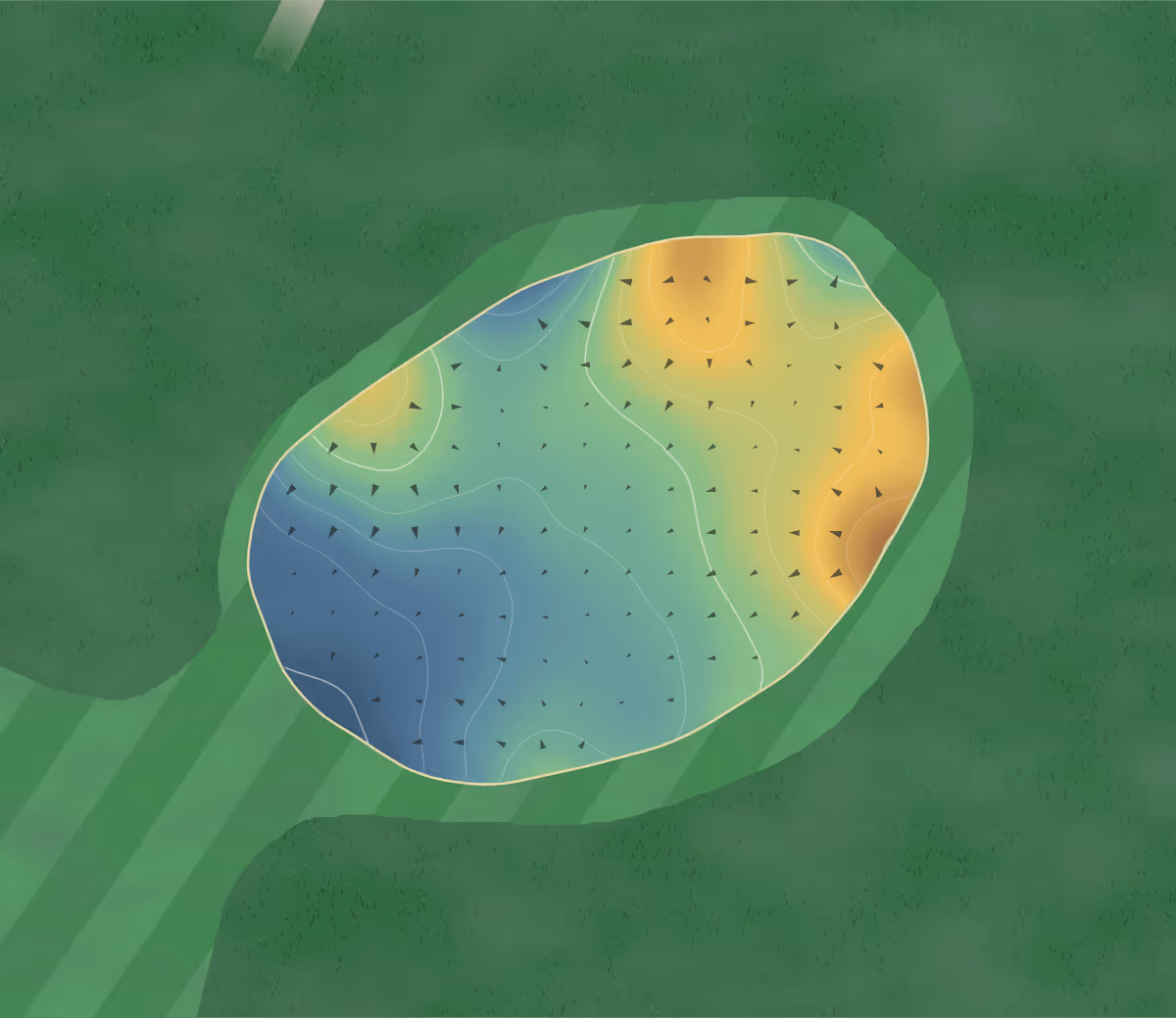 Green contour map of Hoebridge in Old Woking, England — 99 elevation contours at a 8-centimeter interval with fall-line arrows, traced from 1-meter lidar