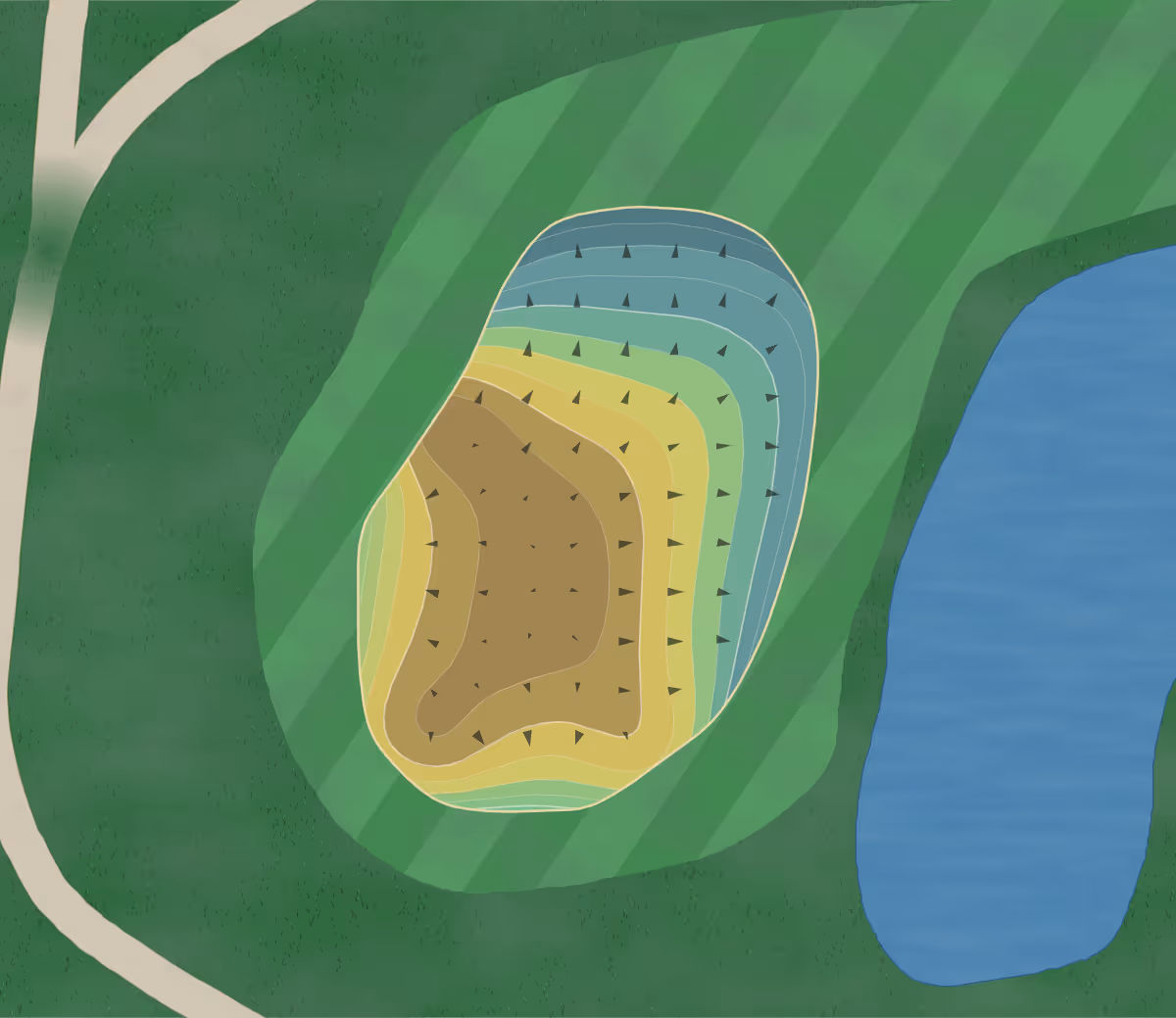 Green contour map of Holiday Hills in Mineral Wells, Texas — 165 elevation contours at a 3-inch interval with fall-line arrows, traced from 1-meter lidar