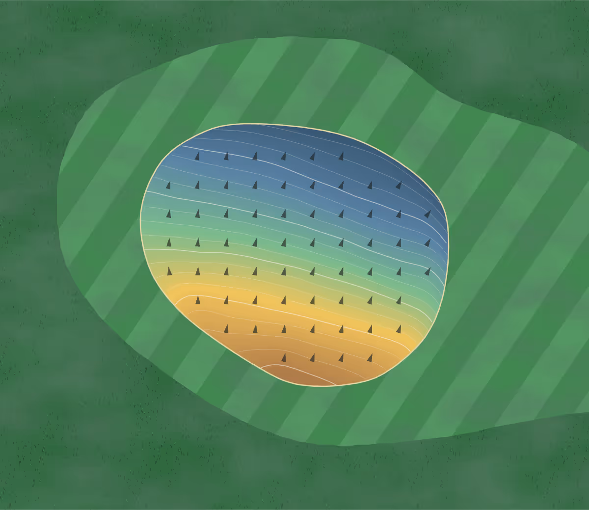 Green contour map of Holiday Island Executive in Holiday Island, Arkansas: 106 elevation contours at a 3-inch interval with fall-line arrows, traced from 1-meter lidar