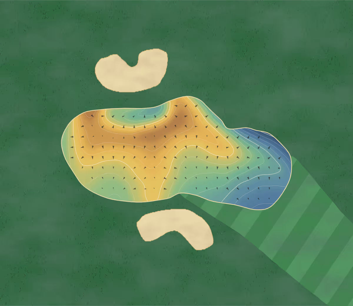 Green contour map of Holiday Park in Saskatoon, Canada: 303 elevation contours at a 8-centimeter interval with fall-line arrows, traced from 1-meter lidar