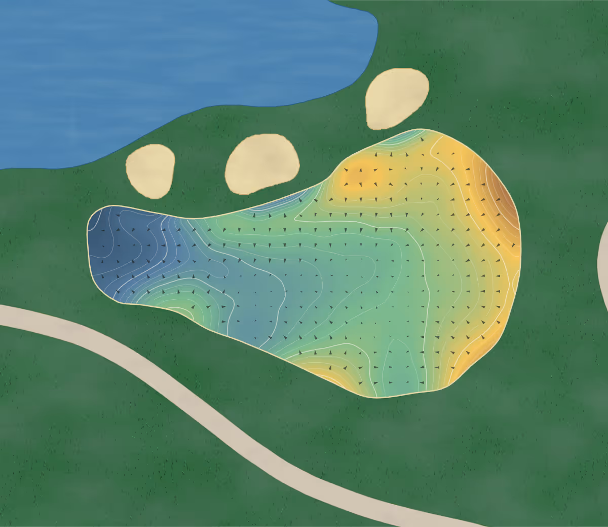 Green contour map of Hollinger in Timmins, Canada — 308 elevation contours at a 8-centimeter interval with fall-line arrows, traced from 1-meter lidar