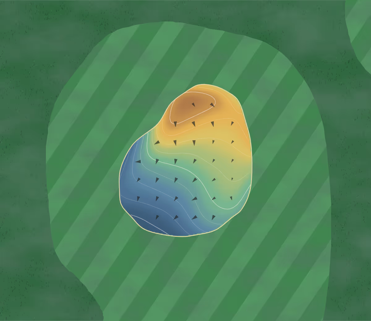 Green contour map of Hollow Acres in Indiana, United States — 73 elevation contours at a 3-inch interval with fall-line arrows, traced from 1-meter lidar
