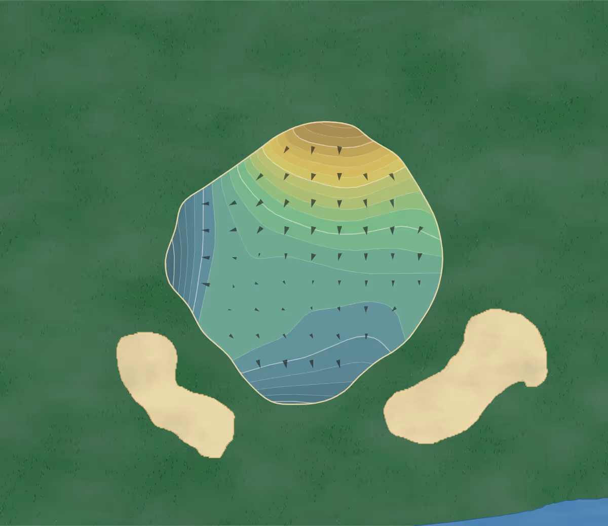 Green contour map of Homestead Golf in Tipp City, Ohio — 204 elevation contours at a 3-inch interval with fall-line arrows, traced from 1-meter lidar