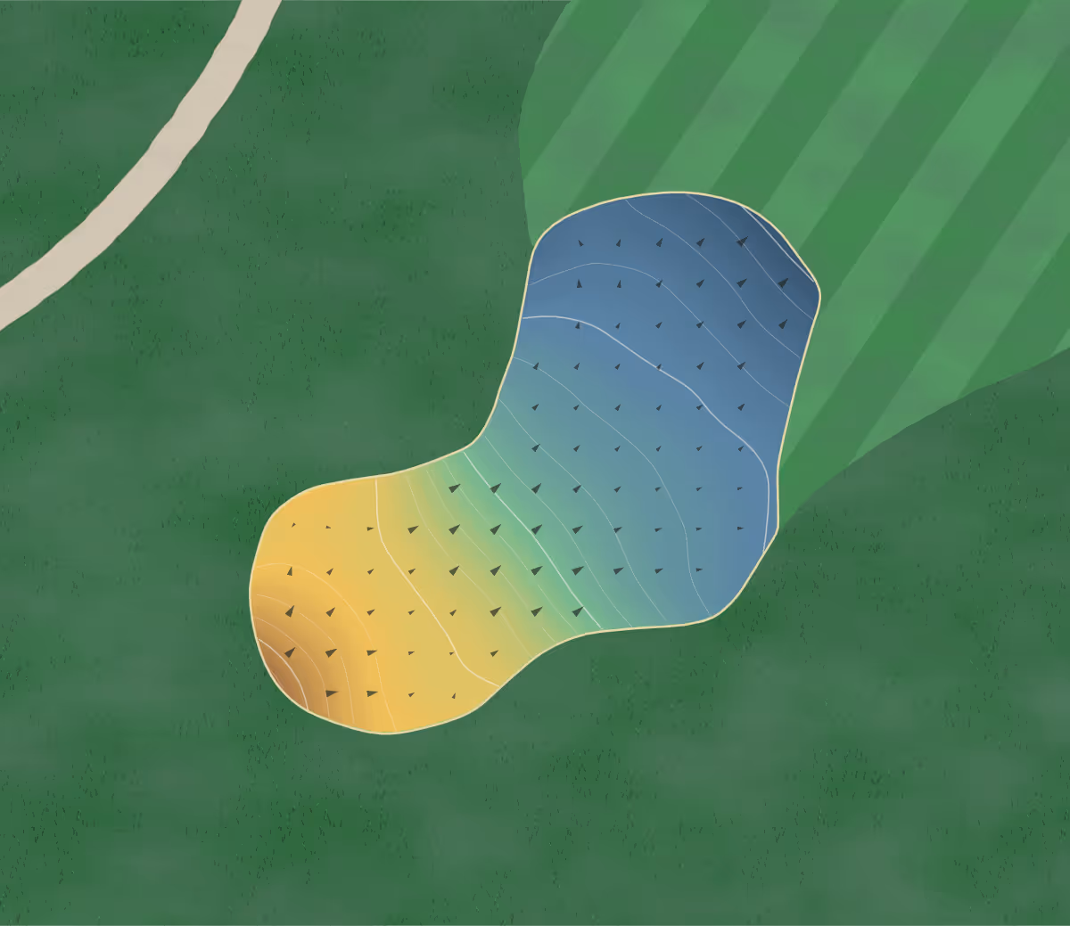 Green contour map of Honey Creek in Albia, Iowa — 172 elevation contours at a 3-inch interval with fall-line arrows, traced from 1-meter lidar