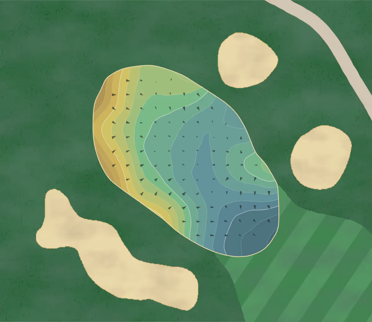 Green contour map of Honeybrook GC in Honey Brook, Pennsylvania — 221 elevation contours at a 3-inch interval with fall-line arrows, traced from 1-meter lidar
