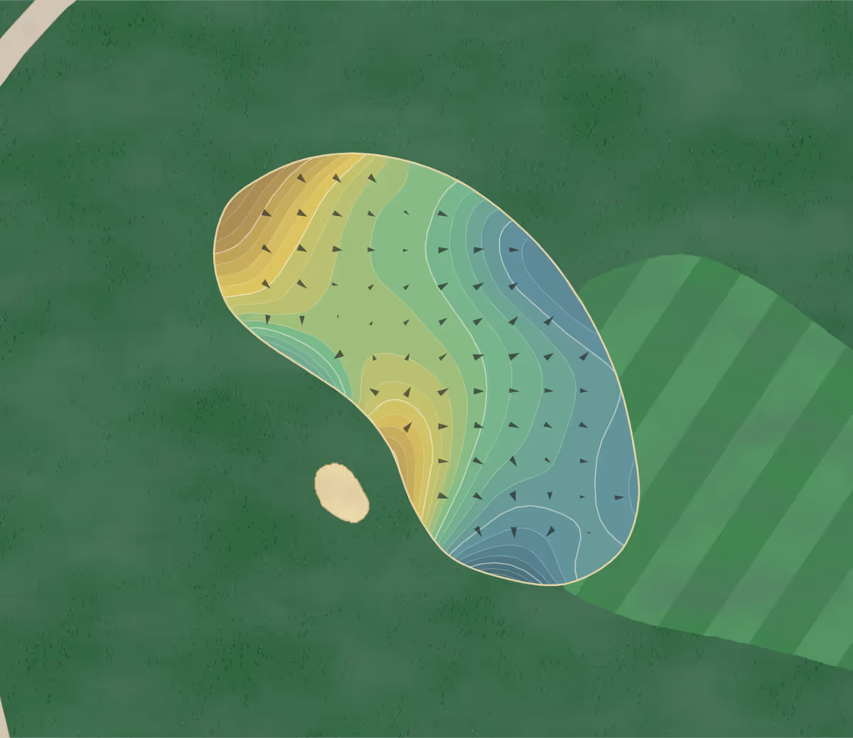 Green contour map of Honors Course in Ooltewah, Tennessee — 335 elevation contours at a 3-inch interval with fall-line arrows, traced from 1-meter lidar