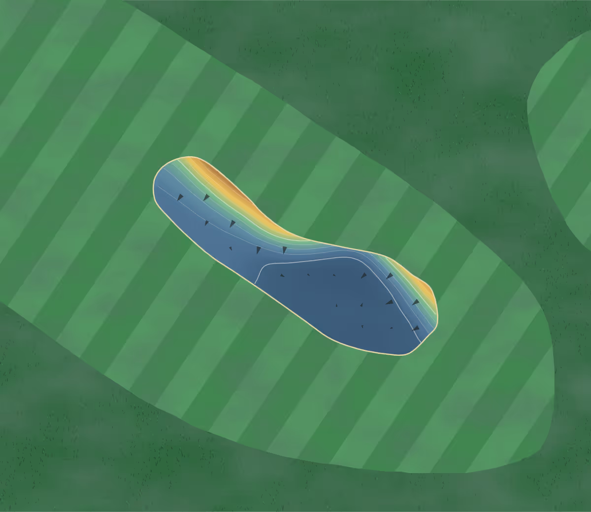 Green contour map of Hope Park Pitch & Putt in Keswick, United Kingdom — 47 elevation contours at a 8-centimeter interval with fall-line arrows, traced from 1-meter lidar