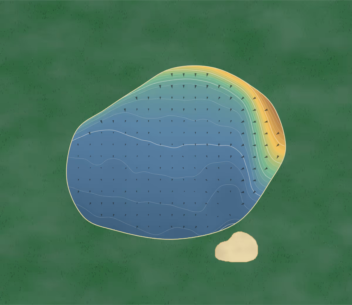 Green contour map of Horam Park in Nr Heathfield, England: 20 elevation contours at a 8-centimeter interval with fall-line arrows, traced from 1-meter lidar