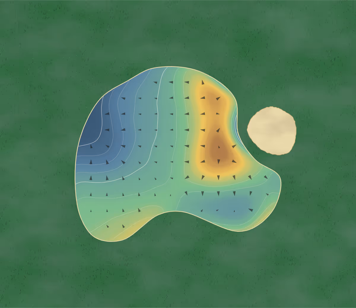 Green contour map of Horizons in Salamander Bay, Australia — 213 elevation contours at a 8-centimeter interval with fall-line arrows, traced from 1-meter lidar