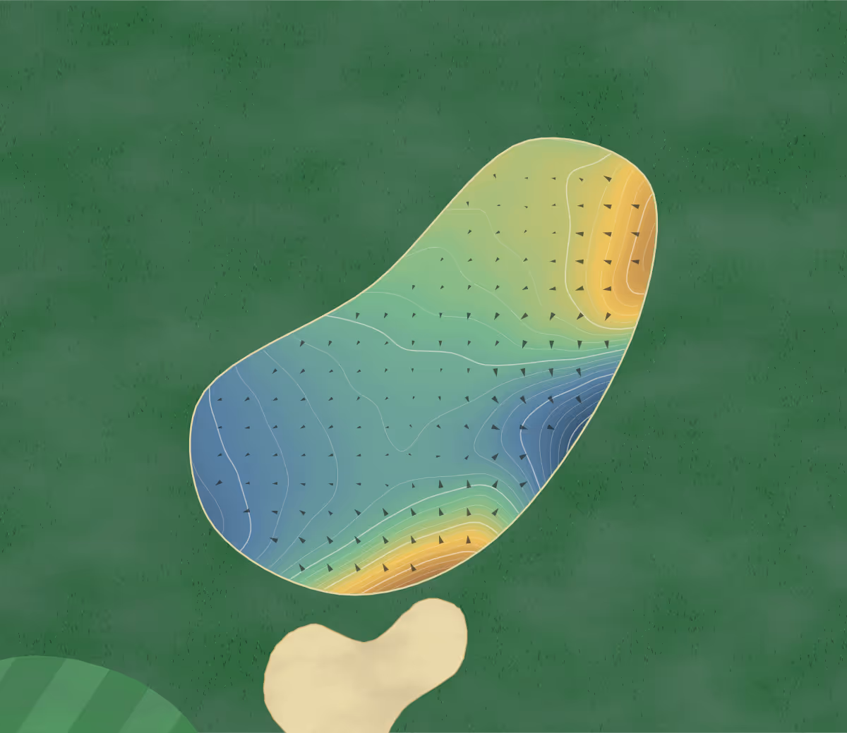 Green contour map of Hornby Glen in Hornby, Canada: 317 elevation contours at a 8-centimeter interval with fall-line arrows, traced from 1-meter lidar