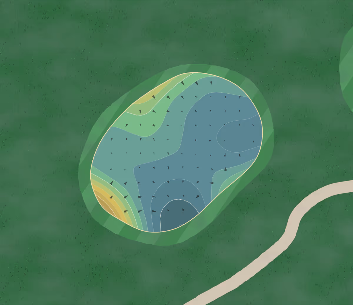 Green contour map of Horseshoe Lake in Port Orchard, Washington — 134 elevation contours at a 3-inch interval with fall-line arrows, traced from 1-meter lidar