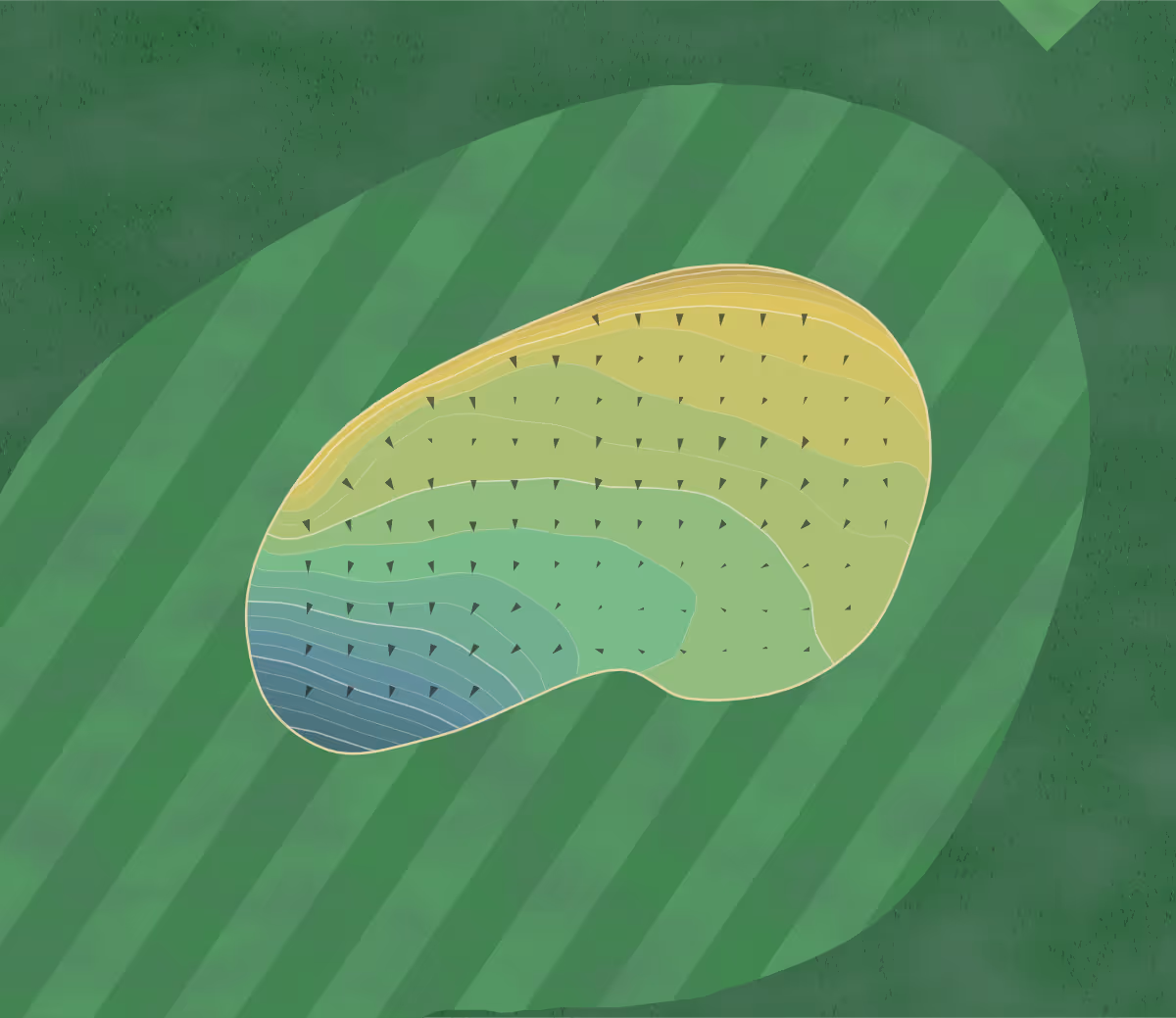 Green contour map of Horsforth GC in Leeds, England — 191 elevation contours at a 8-centimeter interval with fall-line arrows, traced from 1-meter lidar