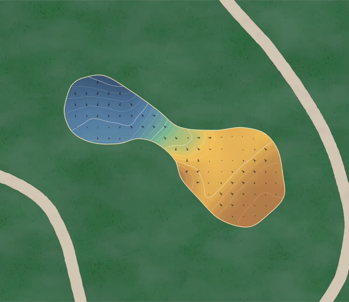 Green contour map of Horton Park in Epsom, England — 57 elevation contours at a 8-centimeter interval with fall-line arrows, traced from 1-meter lidar