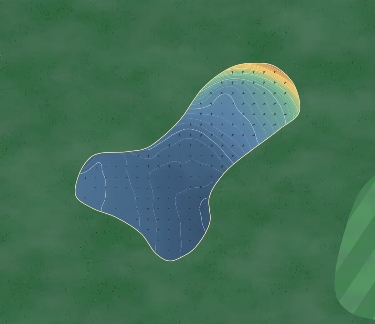 Green contour map of Houghwood in St Helens, England — 104 elevation contours at a 8-centimeter interval with fall-line arrows, traced from 1-meter lidar