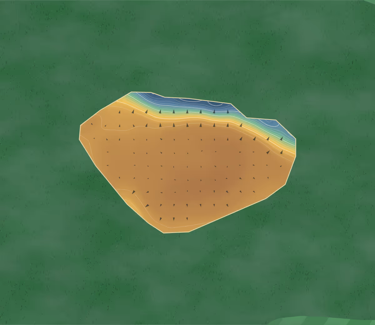 Green contour map of Houldsworth in Reddish, England: 86 elevation contours at a 8-centimeter interval with fall-line arrows, traced from 1-meter lidar