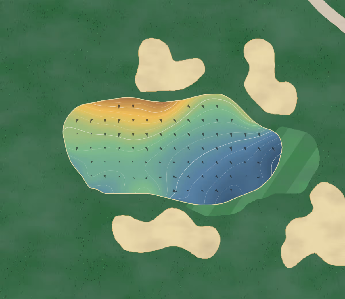 Green contour map of Huapai in Riverhead, New Zealand — 184 elevation contours at a 8-centimeter interval with fall-line arrows, traced from 1-meter lidar