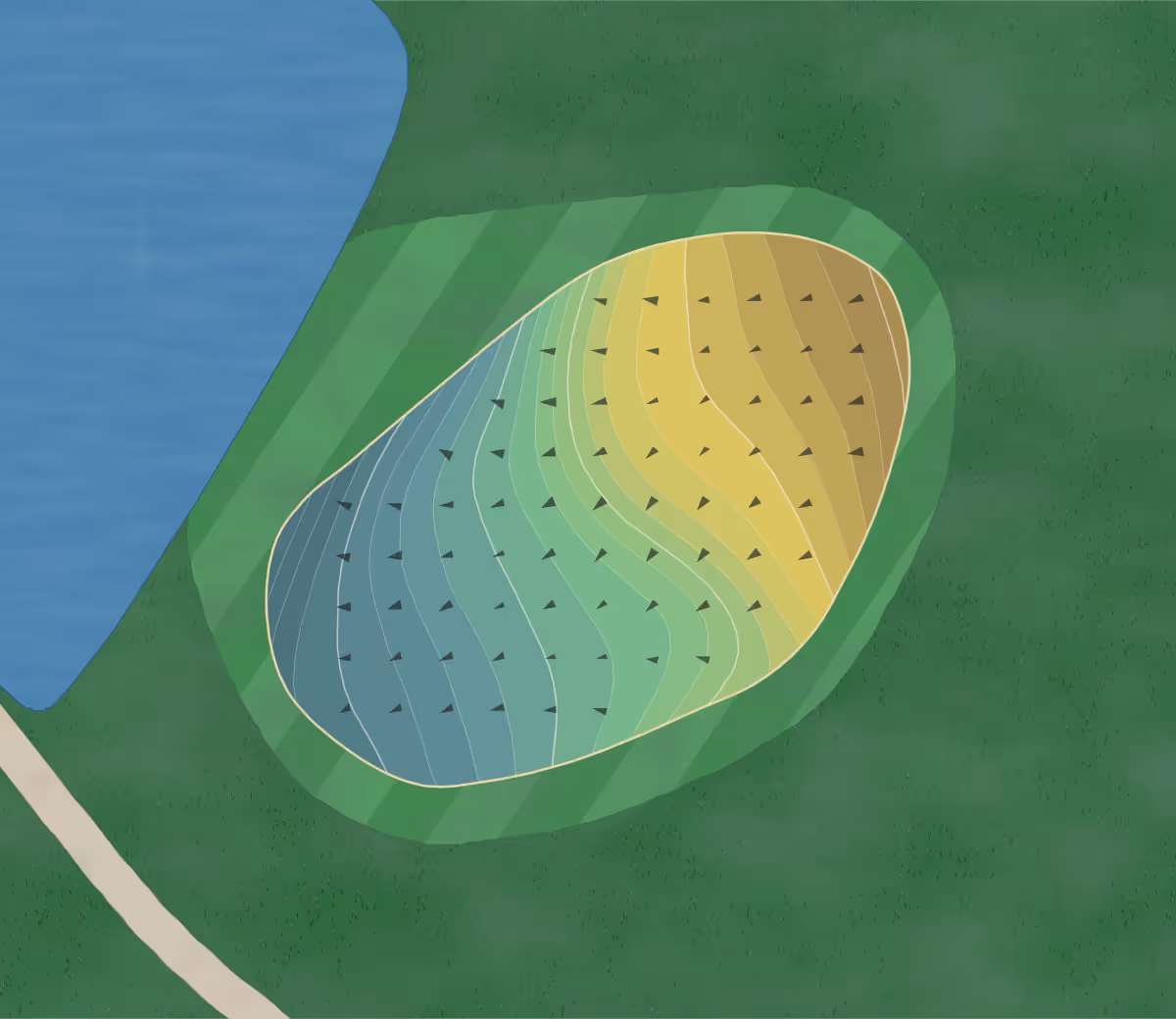 Green contour map of Hueston Woods in Oxford, Ohio — 202 elevation contours at a 3-inch interval with fall-line arrows, traced from 1-meter lidar