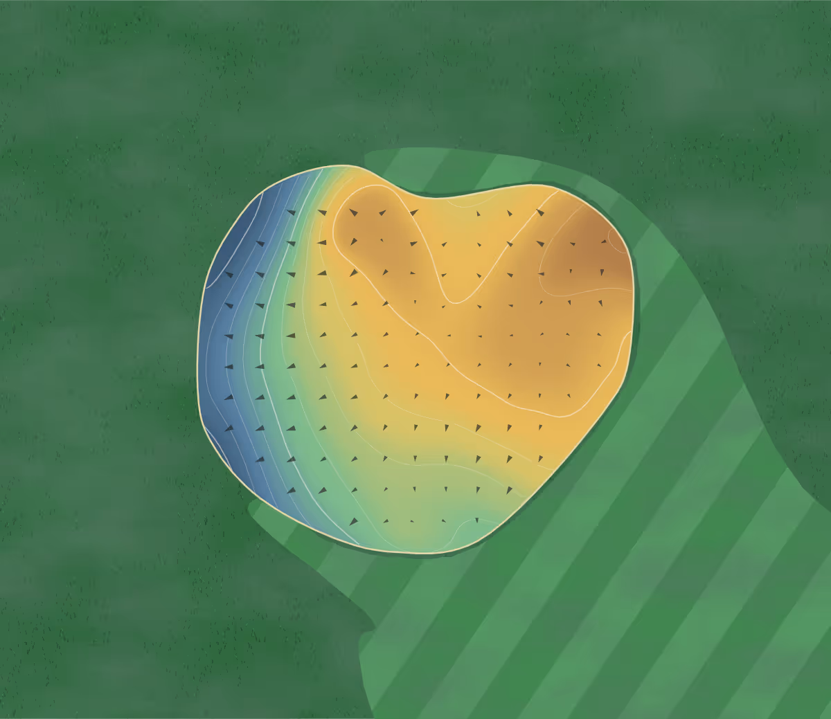Green contour map of Humber River in Deer Lake, Canada: 54 elevation contours at a 8-centimeter interval with fall-line arrows, traced from 1-meter lidar