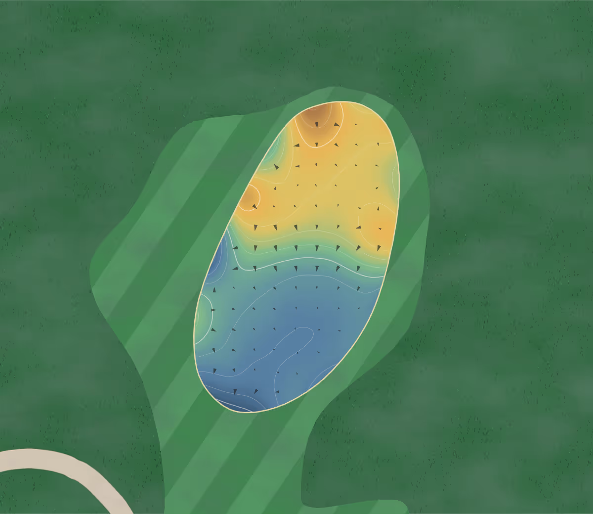 Green contour map of Humber Valley in Toronto, Canada — 164 elevation contours at a 8-centimeter interval with fall-line arrows, traced from 1-meter lidar