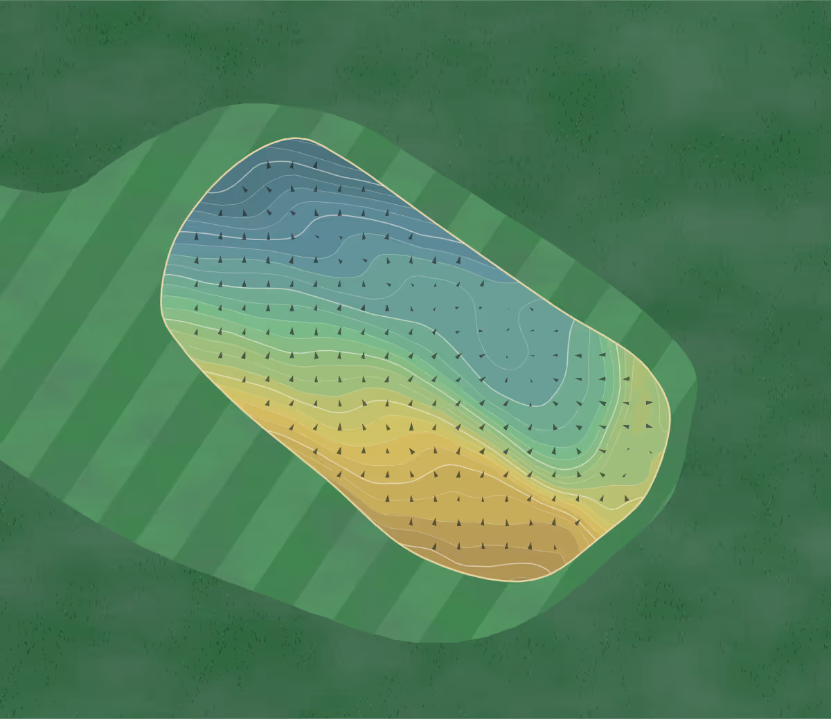 Green contour map of Huntercombe GC in Oxfordshire, England — 239 elevation contours at a 8-centimeter interval with fall-line arrows, traced from 1-meter lidar