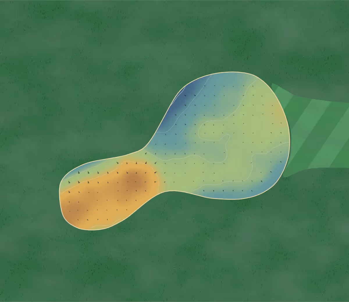 Green contour map of Hunters Green in Sturgeon, Canada: 84 elevation contours at a 8-centimeter interval with fall-line arrows, traced from 1-meter lidar