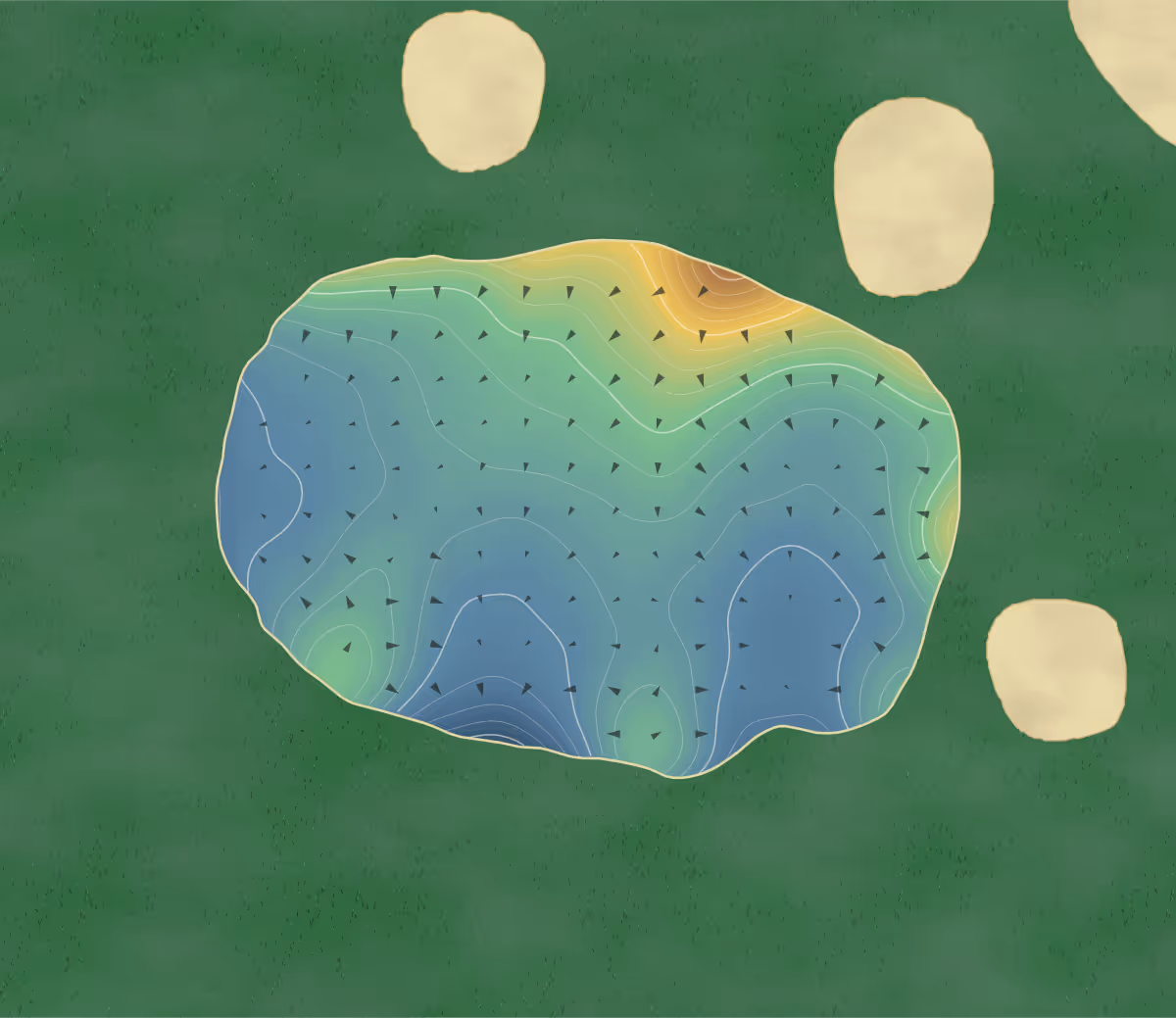 Green contour map of Hunters Pointe in Welland, Canada: 17 elevation contours at a 8-centimeter interval with fall-line arrows, traced from 1-meter lidar