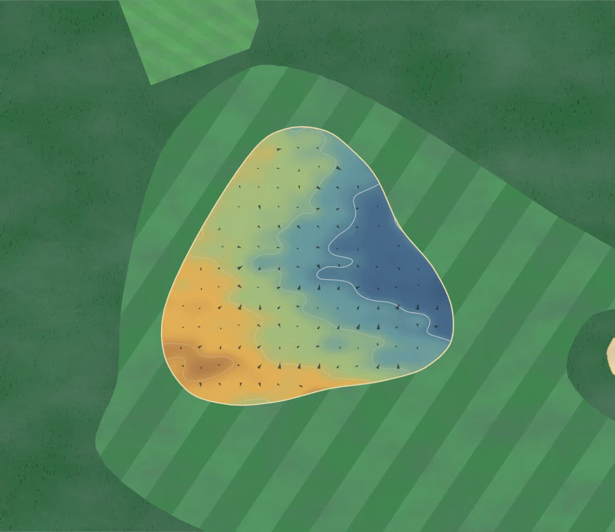 Green contour map of Huntly in Huntly, Scotland: 34 elevation contours at a 8-centimeter interval with fall-line arrows, traced from 1-meter lidar
